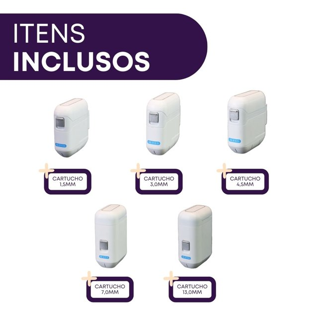 Iásis HIFU Bioset - itens inclusos: cartuchos 1,5mm, 3,0mm, 4,5mm, 7,0mm e 13,0mm